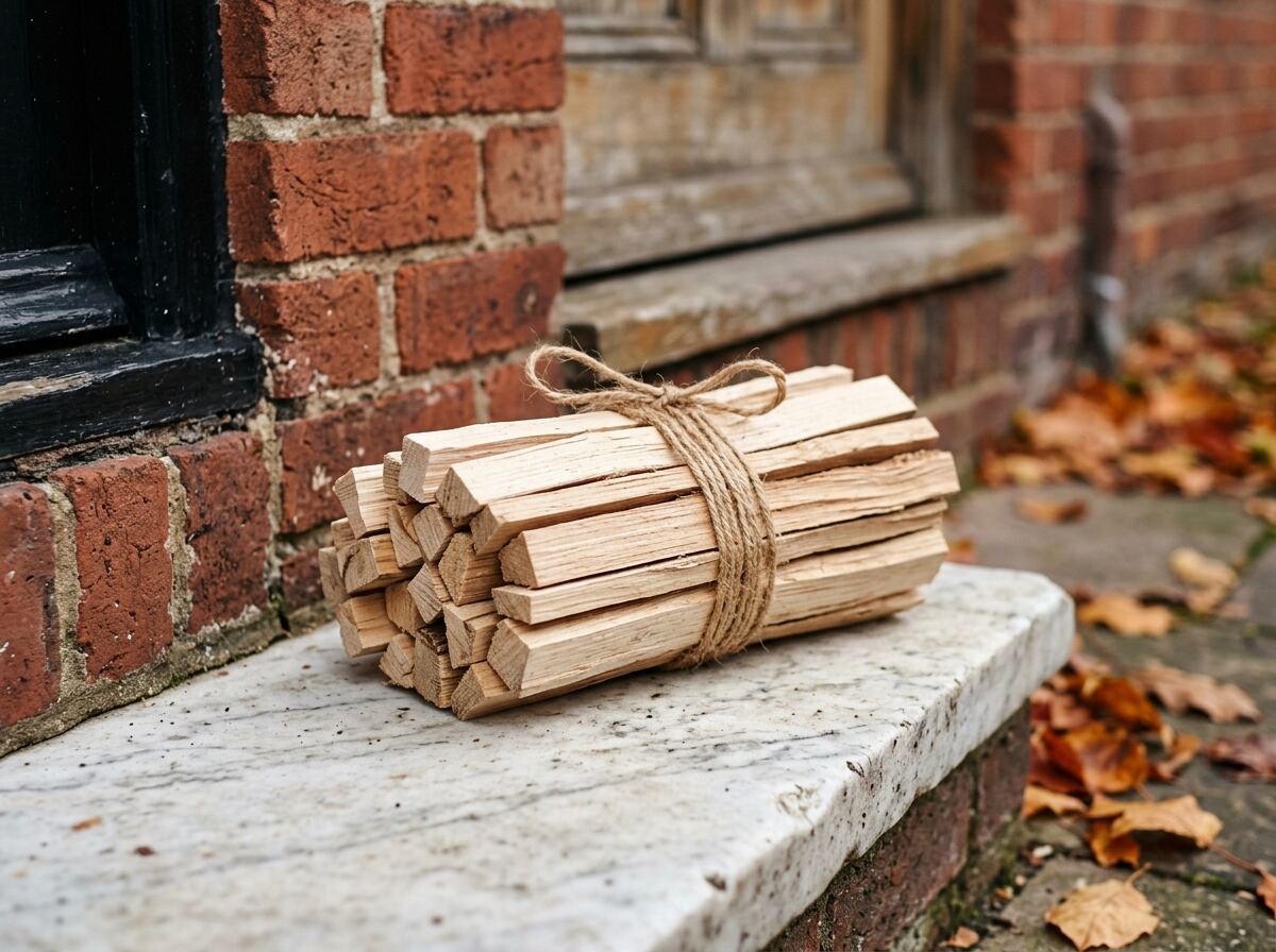 A bundle of dry split kindling tied with jute twine, resting on a white marble rowhouse doorstep beside red brick