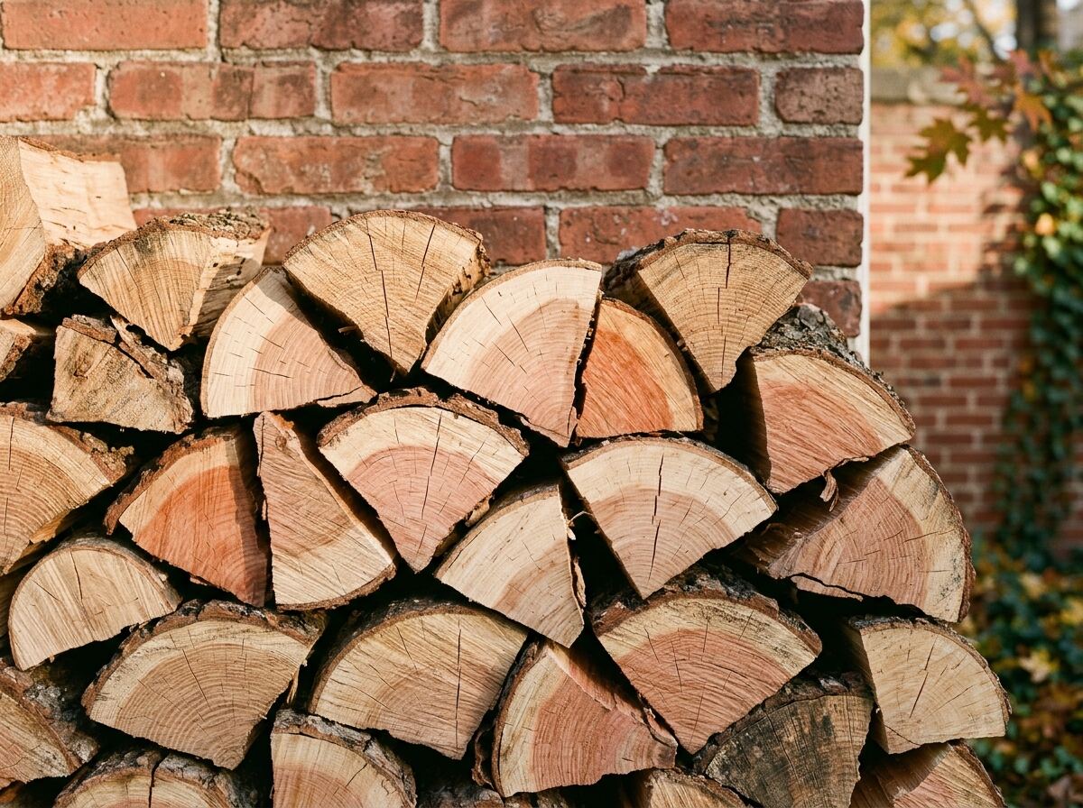 Split mixed hardwood firewood stacked face-on against a red brick rowhouse wall, the dry end grain checked and pale