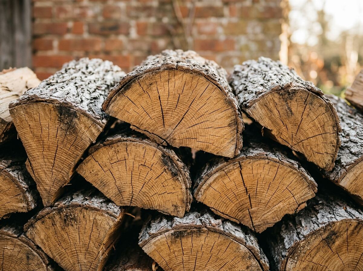 Close-up of seasoned split oak firewood stacked end-on, showing deep drying checks across the growth rings and grey weathered bark