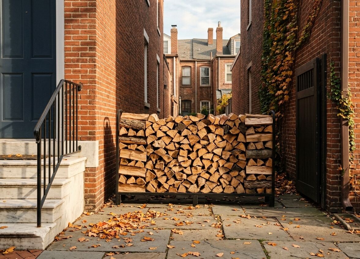 Split firewood stacked chest-high and evenly on a steel rack in a narrow brick side yard, beside a marble step and an iron railing